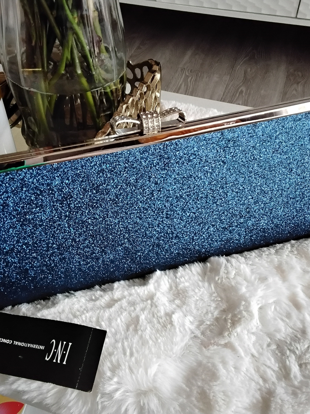 INC International Concepts Blue Glitter Evening Clutch with Rhinestone Bow